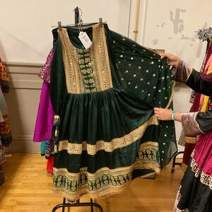 Elegant Green and Gold Afghan Dress